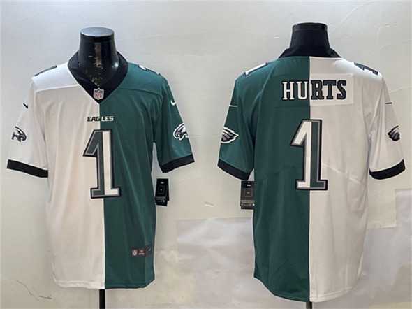 Mens Philadelphia Eagles #1 Jalen Hurts White & Green Split Vapor Untouchable Limited Stitched Jersey Dzhi